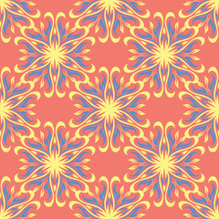 Floral red seamless pattern. Bright colored background with yellow and blue flower elements