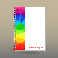 vector cover of diary or notebook with ring spiral binder - format A5 - layout brochure concept - white colored with rainbow  polygonal triangle pattern banner on side