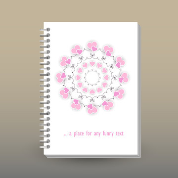 vector cover of diary or notebook with ring spiral binder - format A5 - layout brochure concept - cute wedding mandala with pink colored paper hearts