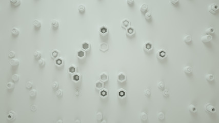 White wall with various hexagon shapes 3D rendering
