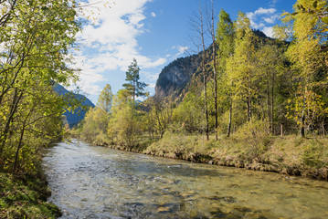 wilder Ammer Fluss Nähe Oberammergau mit üppiger Vegetation