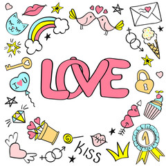 Greeting card, poster with Love lettering and hand drawn girly doodles for valentines day or birthday.