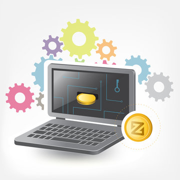ZCoin Cryptocurrency Coin Laptop Trade Background 