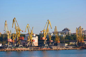 Wharf Cranes lifting cargo. Container cargo transportation by warf cranes.