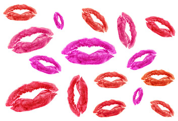 Set of different lipstick kisses on a white background