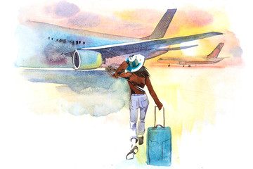 Woman traveler boarding airplane, rear view. Departure. Girl at an airport about to board an aircraft.