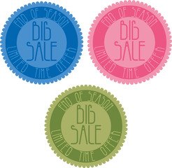 end of season limited offer sale badge in 3 different colors. blue, pink and green