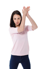 beautiful brunette woman in pink t-shirt