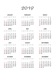 Simple color calendar for the year 2019. The names of days and months in a row and Sunday marked red on a white background 