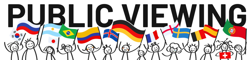 PUBLIC VIEWING, Sport Fans, Menschenmenge, Banner mit Strichfiguren und unterschiedlichen Nationalflaggen