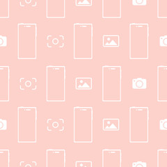 White contours of flat smartphones, cameras and photos on a pink background. Seamless pattern.