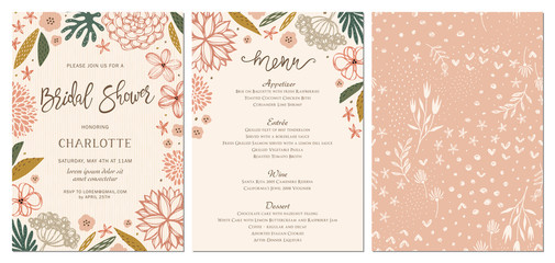 Rustic hand drawn Bridal Shower invitation and menu with seamless background.  - obrazy, fototapety, plakaty