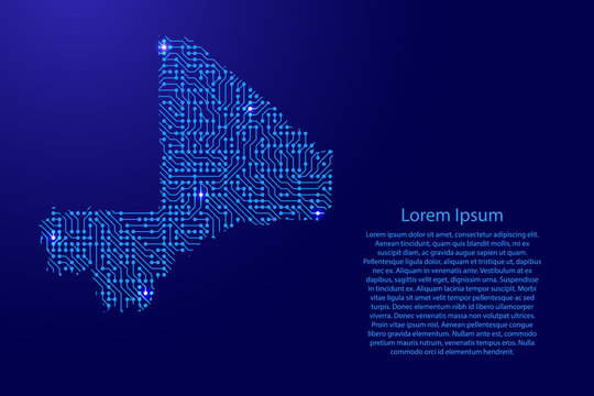 Map Mali from printed board, chip and radio component with blue star space on the contour for banner, poster, greeting card. Computer electronics processor motherboard. Vector illustration.