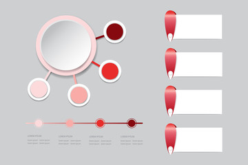 Modern infograph labels as a circle with four small circles in shadows of red color around. You can use another rectangles and timeline ready for your text.