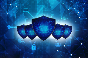 Security concept: blue shield on digital background, 3d render
