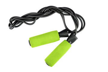 Green jump rope or skipping rope isolated on white background. Sports, fitness, cardio, martial art and boxing accessories. Top view - obrazy, fototapety, plakaty