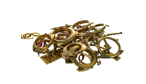 A scrap of gold. Old and broken jewellery, watches of gold and gold-plated isolated on a white background.