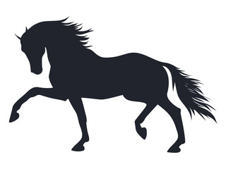 A silhouette of a trotting horse.