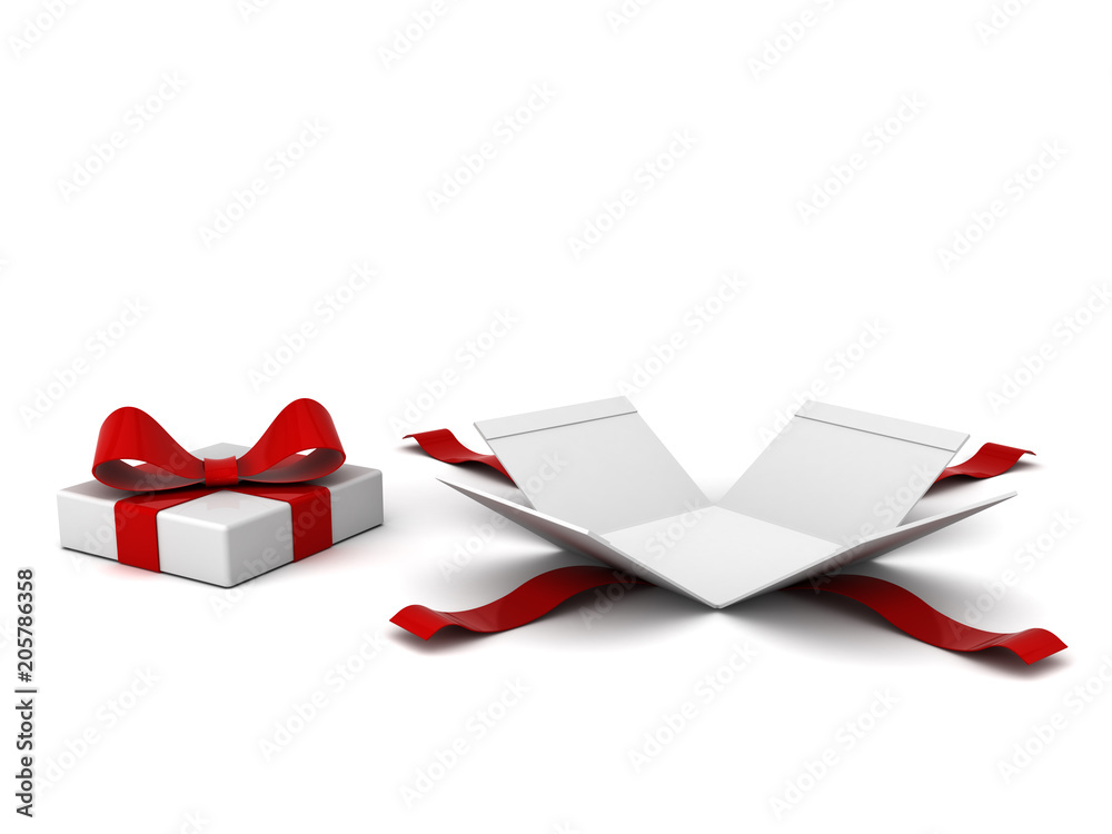 Poster Open gift box present box with red ribbon and bow isolated on white background with shadow . 3D rendering.