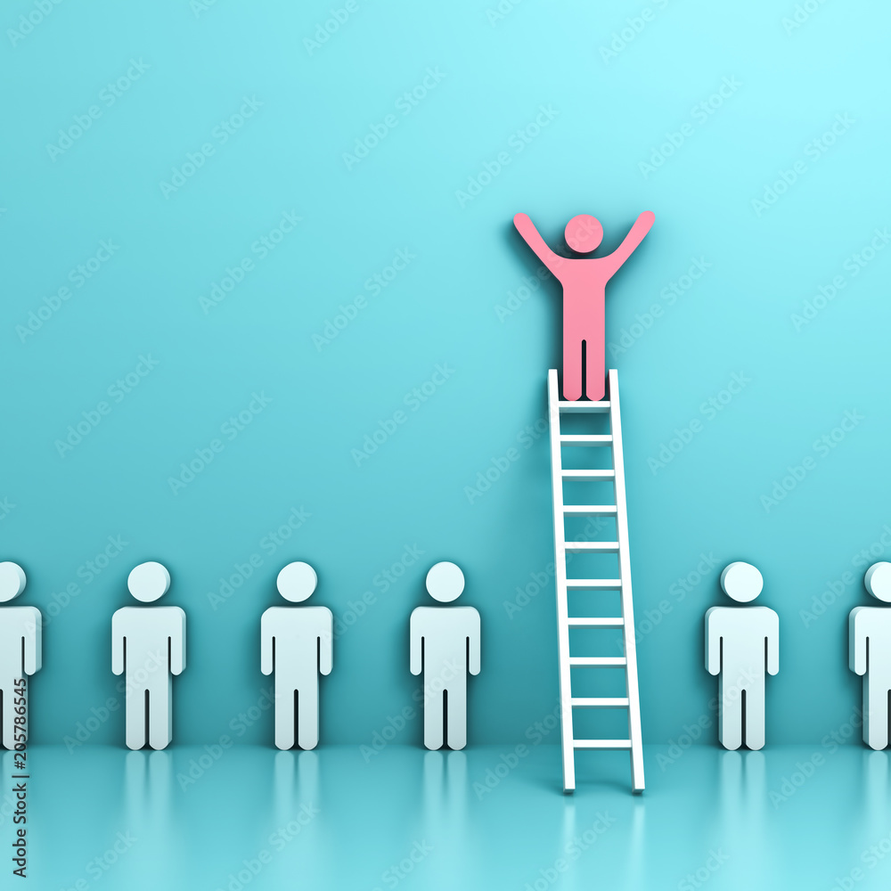 Fototapete stand out from the crowd and think different concepts , one pink man standing with arms wide open on