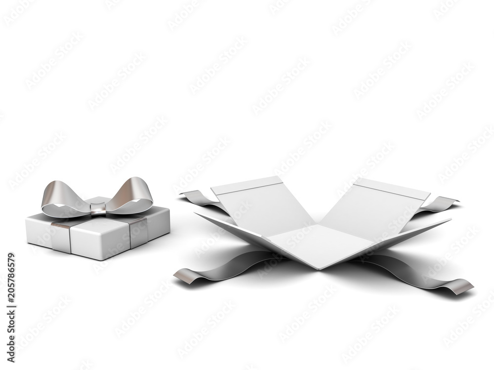 Poster Open gift box , Present box with silver ribbon and bow isolated on white background with shadow . 3D rendering.