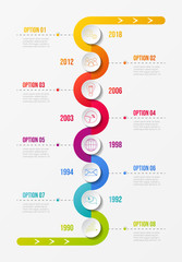 Colourful company timeline with round business icons. Vector.