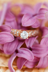 jewelry engagement ring with diamonds and spring lilac flowers © Parfenova