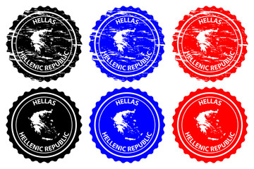 Greece - rubber stamp - vector, Hellenic Republic (Hellas) map pattern - sticker - black, blue and red