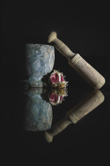 still life with a mortar and a head of garlic on a black background