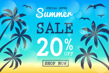 Summer Sale - shiny poster with palms and seagulls. Vector.