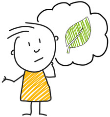 stick man standing and thinking bubble expression illustration yellow leaf