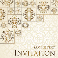 Vintage luxury design. Retro background with vintage elements. Can be used in book design, card background, invitation design and other. Invitation have seamless wallpaper