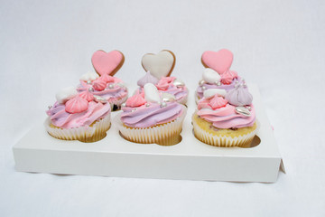 Pastry shop, confectionery. Sweet dessert. Cake, cupcake with hearts on white isolated background