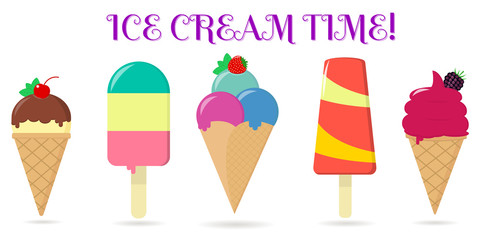 A set of five different sweet ice cream on a background with text. Flat style, vector illustration.