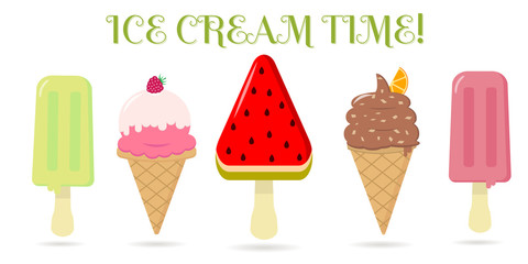 A set of five different sweet ice cream on a background with text. Flat style, vector illustration.