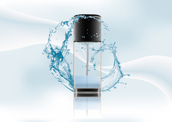 Advertising magazine page.Realistic transparent glass bottle two-phase cosmetic product,tonic,lotion.Black lid with dispenser.Abstract stylish gradient background. Vector illustration.