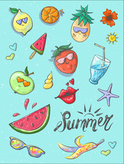 Set of summer fashion patches, fun stickers, cute badges vector in cartoon style