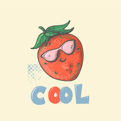 Strawberry Cartoon smiling Character with cool Attitude Wearing pink Sunglasses for fashion patch badges or prints