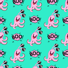 Abstract seamless halloween pattern for girls or boys. Creative vector background with cute monster with tentacles and eyes, halloween. Funny halloween pattern for textile and fabric. Fashion style.