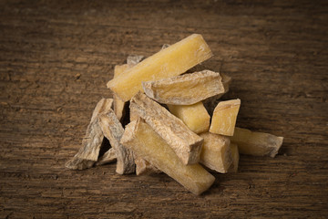 piece potato dry . peel on old wood. rotten