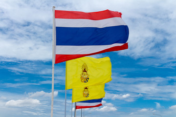 flag thailand with flag king. sky cloud background