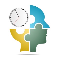The human head composed of colored puzzle pieces with black clock black hands and a red second hand with gray shadow below the head on a white background. Human head composed of geometric element