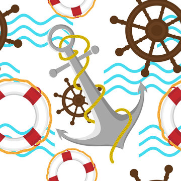 Vector image of the anchor, lifebuoy, helm and waves. Seamless pattern. Summer sea illustration.