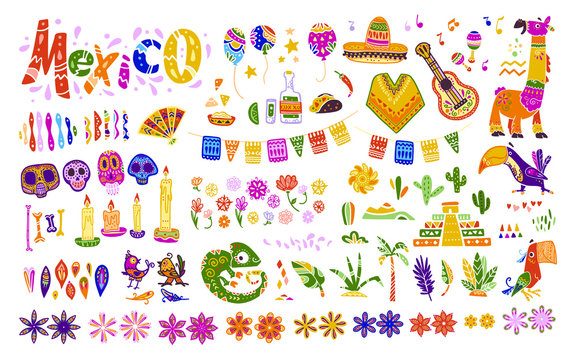 Big vector set of mexico elements, symbols & animals in flat hand drawn style isolated on white background. Icons for fiesta, celebrations,  national patterns & decorations, traditional food, colors.