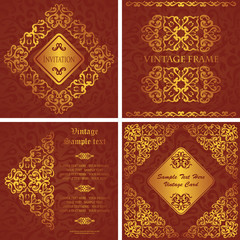 Set of cards with golden vintage elements and floral background