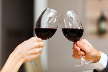 Closeup of a couple toasting wine glasses