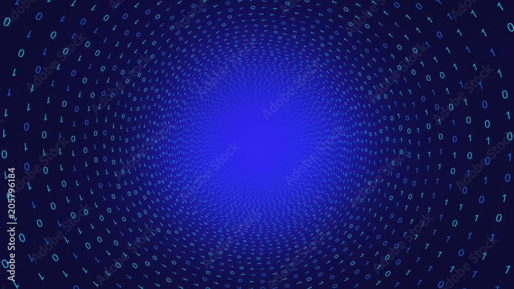 Poster 01 or binary data on the computer screen in circle shape on blue background, 3d illustration