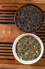 Fototapeta na wymiar Chinese tea ceremony, Puer tea in assortment 