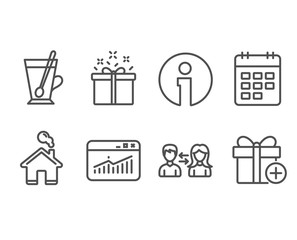 Set of Website statistics, Tea mug and Special offer icons. Calendar, People communication and Add gift signs. Data analysis, Cup with teaspoon, Delivery box. Vector
