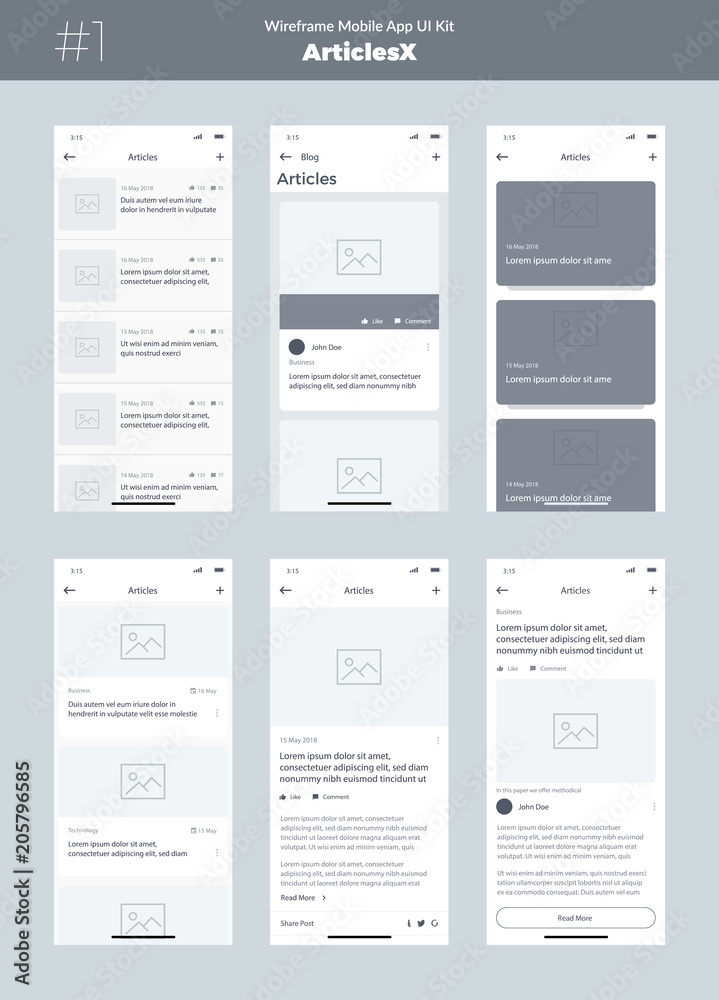 Poster wireframe kit for mobile phone. mobile app ui, ux design. new os articles. blog, list and articles s